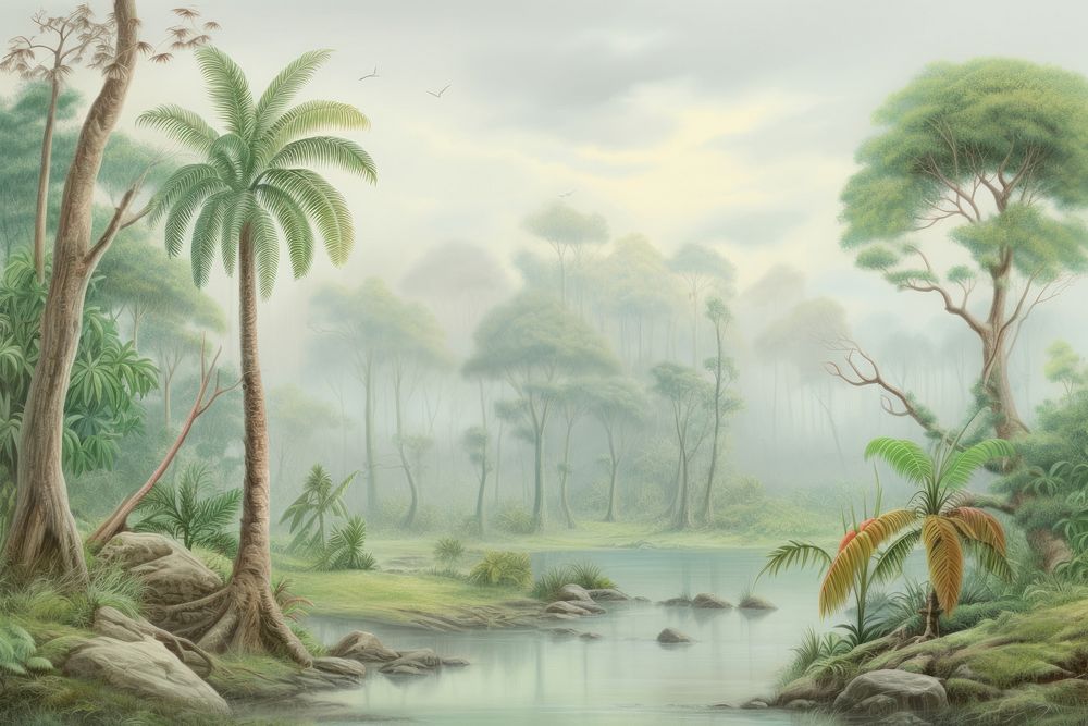 Painting of rain jungle landscape outdoors nature.