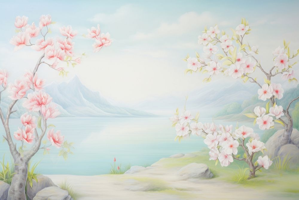 Painting of spring outdoors blossom nature.
