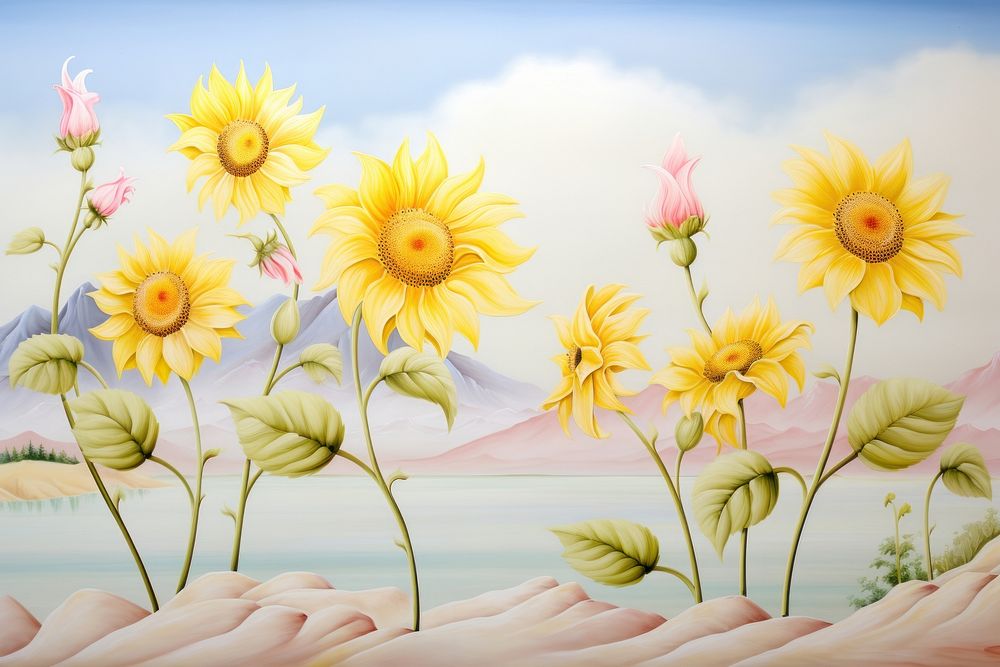 Painting of sunflower border outdoors plant inflorescence.