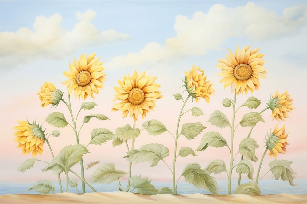 Painting of sunflower border drawing plant art.