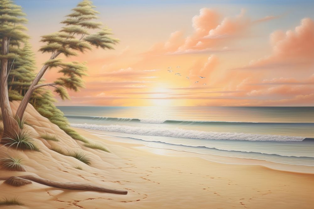Painting of sunset beach landscape outdoors horizon.