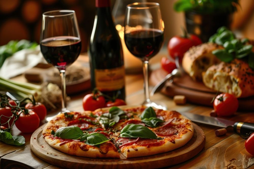 Wine and pizza party glass food refreshment.