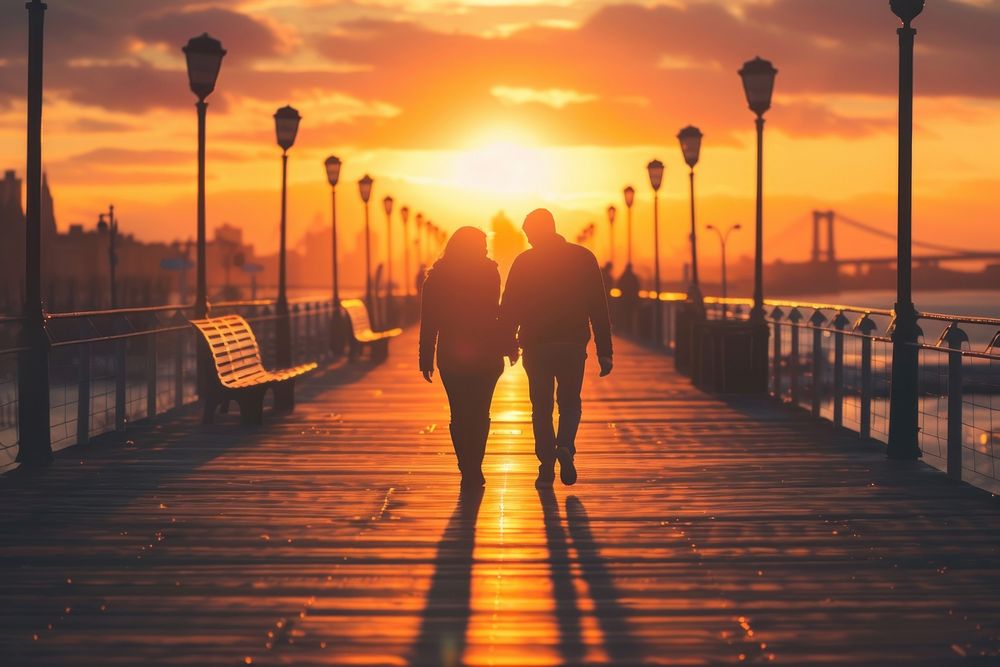 Man walking with woman boardwalk outdoors sunset.