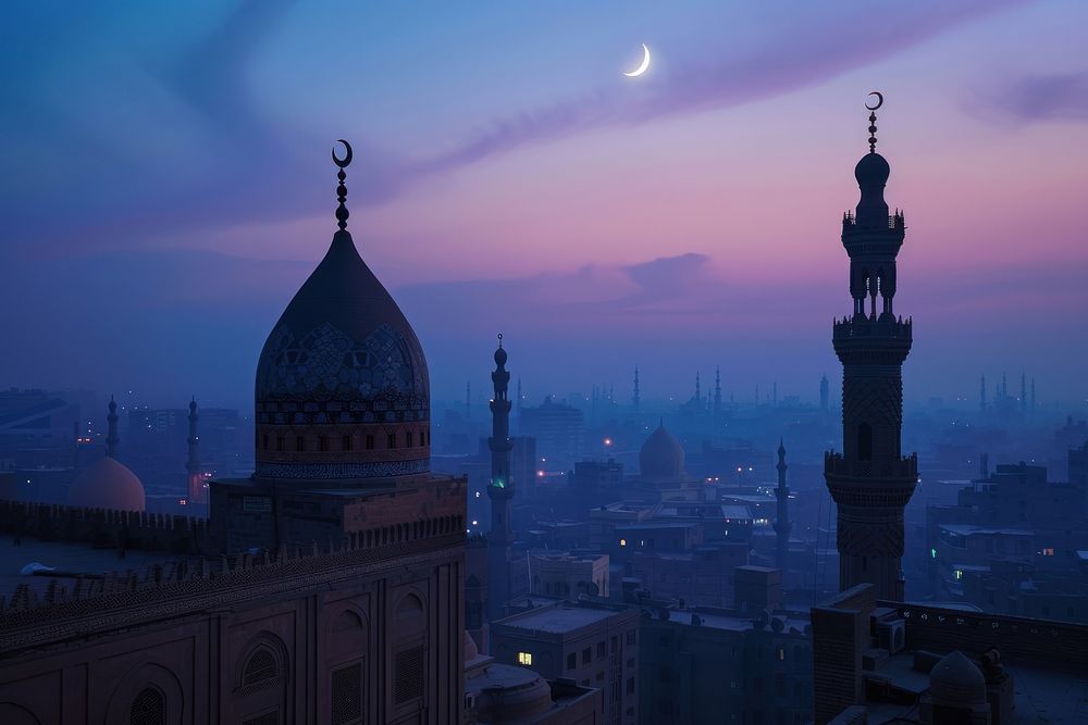 Silhouettes of mosques moon architecture cityscape.