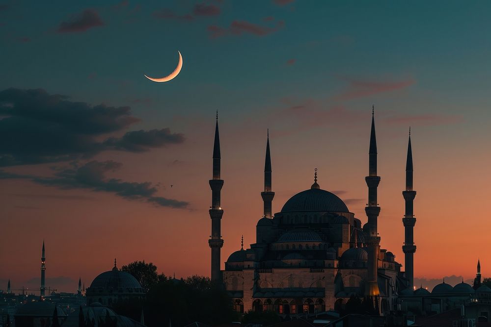 Silhouettes of mosques moon crescent outdoors.