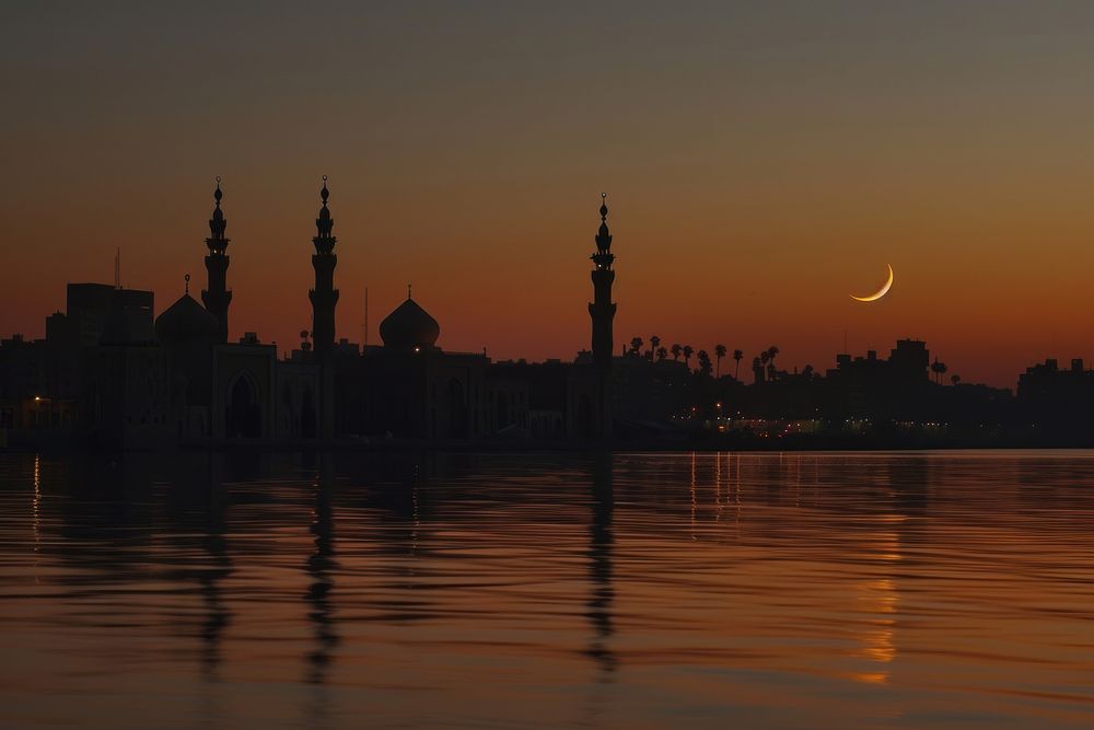 Silhouettes of mosques moon architecture cityscape.