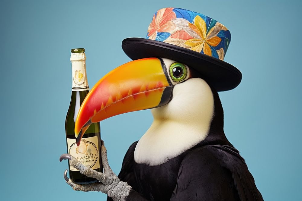 Toucan holding champagne bottle animal bird beak.