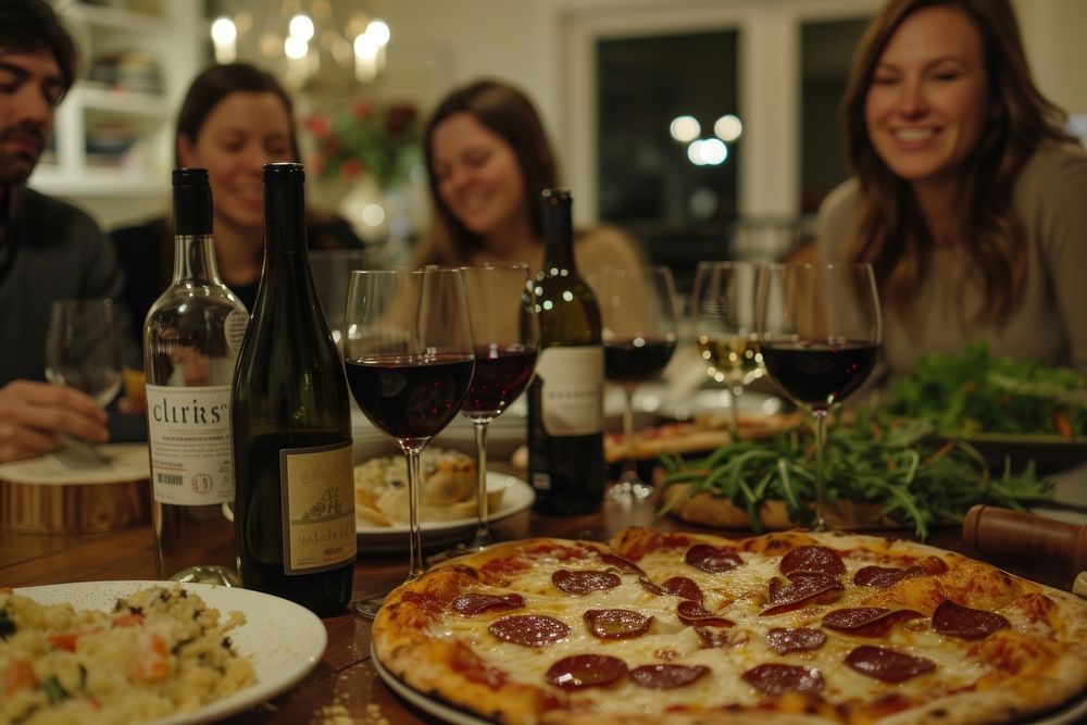 Wine and pizza party supper dinner bottle.