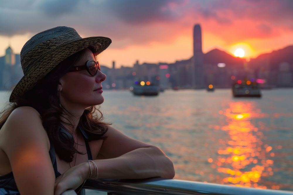 Woman traveler sunset architecture sunglasses.