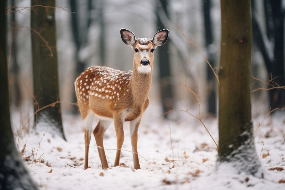 Deer walking in the snow wildlife nature forest.