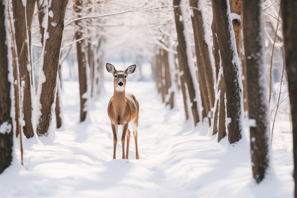 Deer walking in the snow wildlife nature forest.