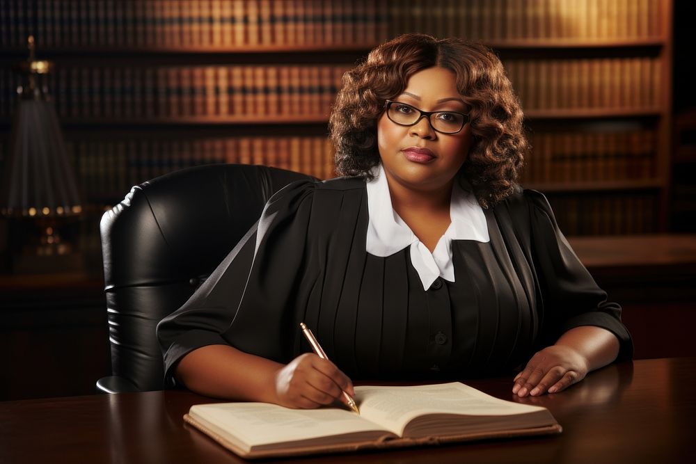 Judge chubby black woman as a lawyer working publication furniture glasses.