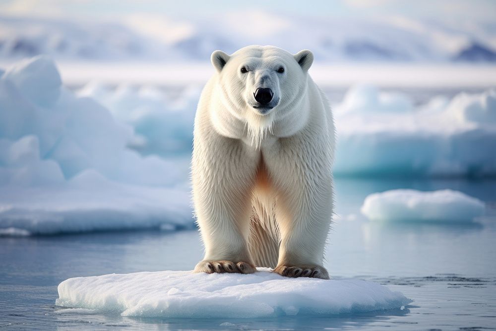 A polar bear standing in a cold ocean filled with ice wildlife outdoors animal.