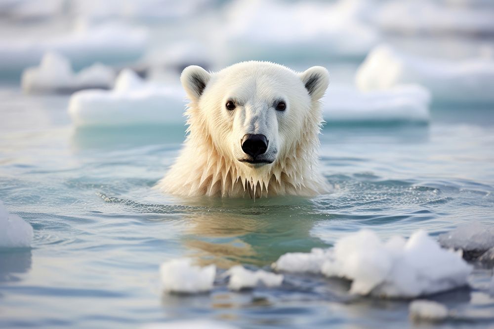 A polar bear standing in a cold ocean filled with ice wildlife animal mammal.