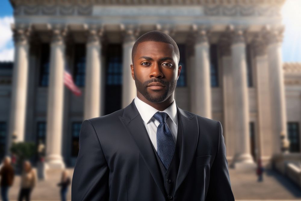 African american lawyer standing in front of court portrait adult photo.