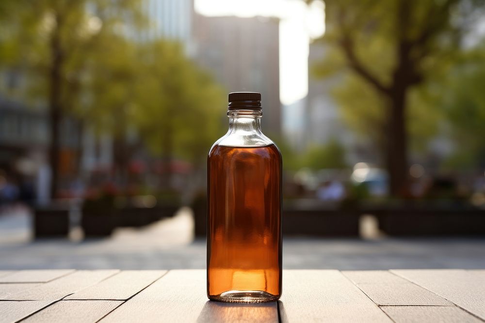 Label bottle seasoning lighting outdoors.