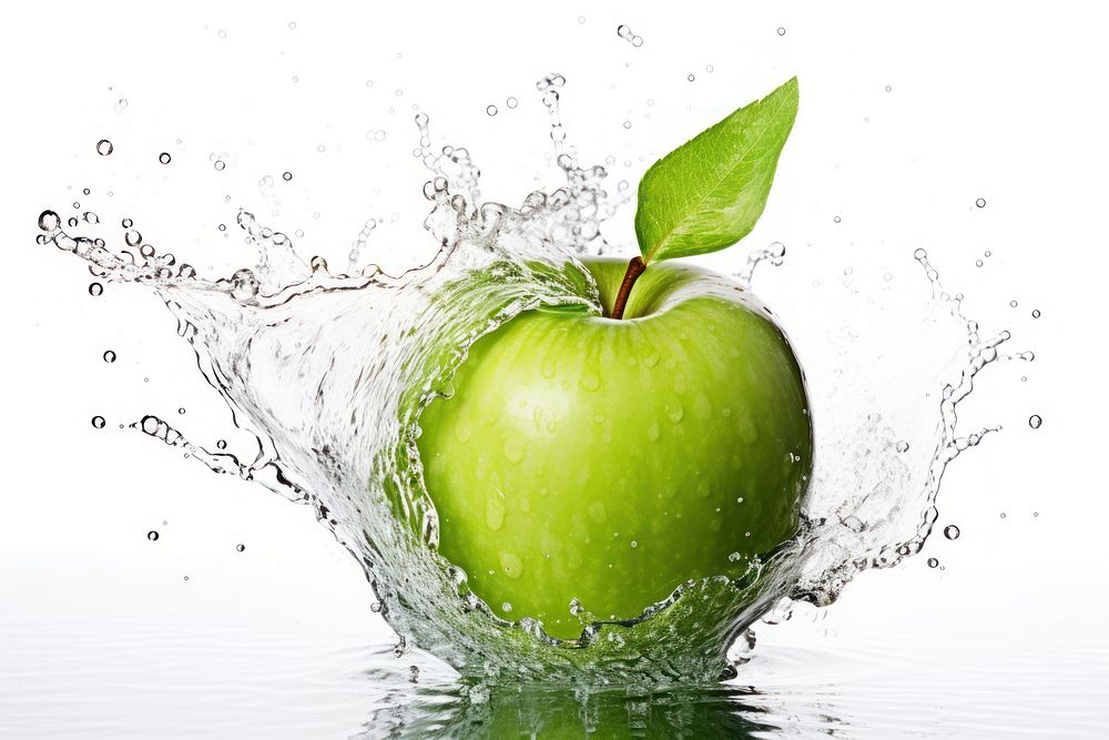 Green apple with water spread fruit plant food.
