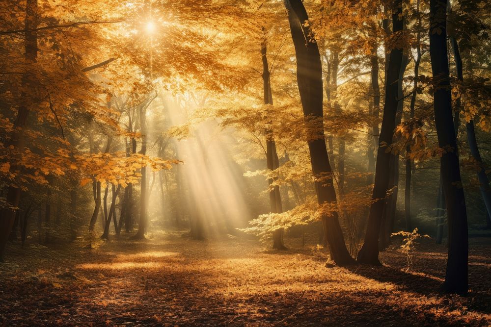 Beautiful autumn forest landscape sunlight outdoors.
