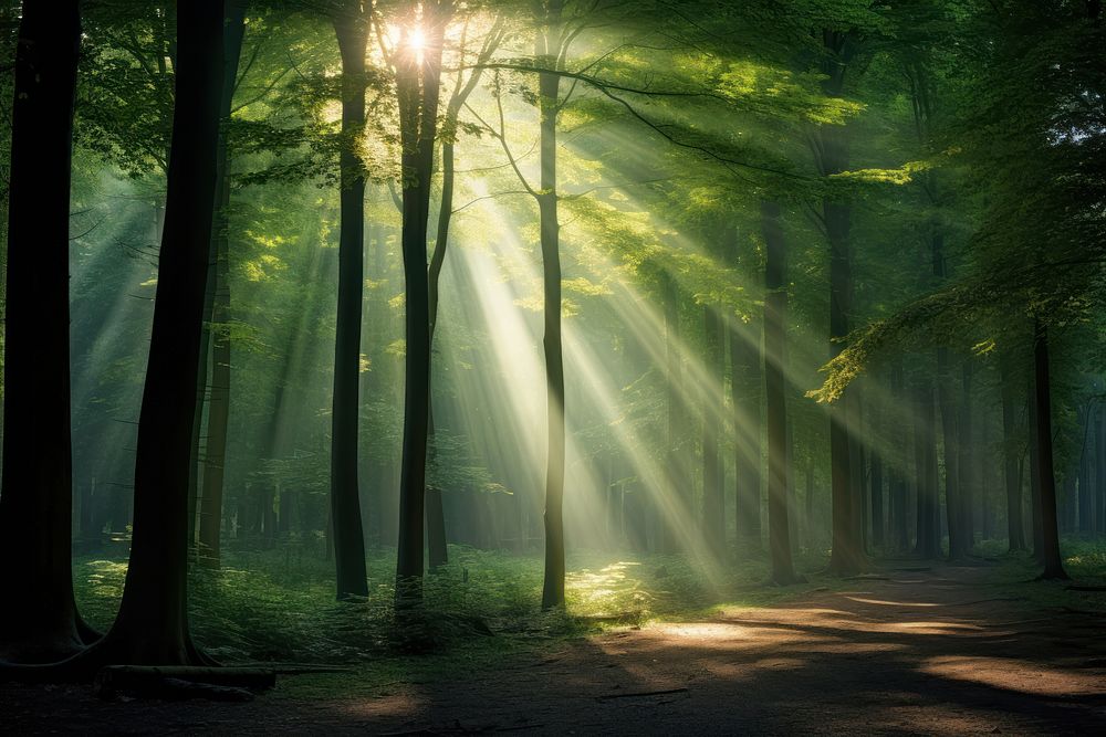 Beautiful green forest landscape light sunlight.