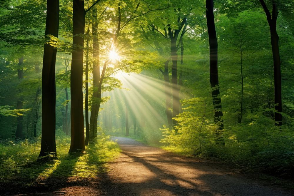 Beautiful green forest landscape light sunlight.