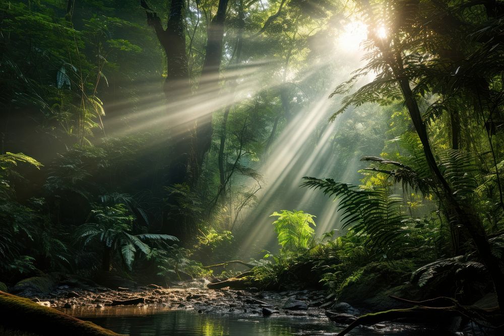 Beautiful green rainforest landscape vegetation sunlight.