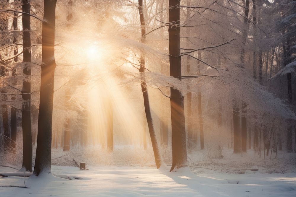 Beautiful winter forest landscape light sunlight.