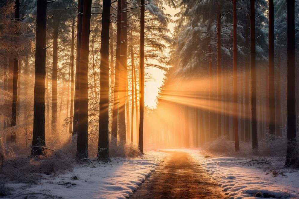 Beautiful winter forest landscape sunlight outdoors.