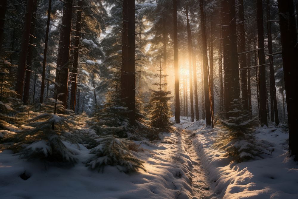 Snowvy pine forest landscape sunlight outdoors.