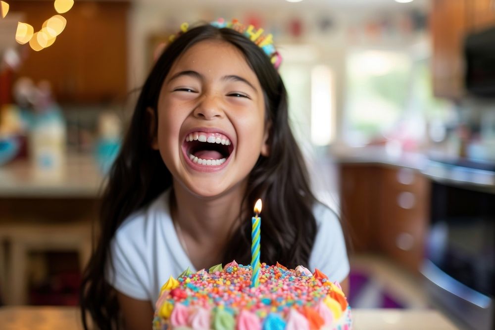 Girl laughing with her birthday cake portrait dessert candle.