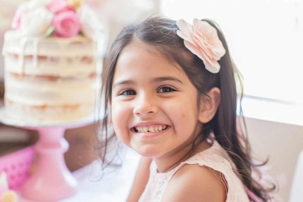 Birthday girl smiling portrait cake dessert.