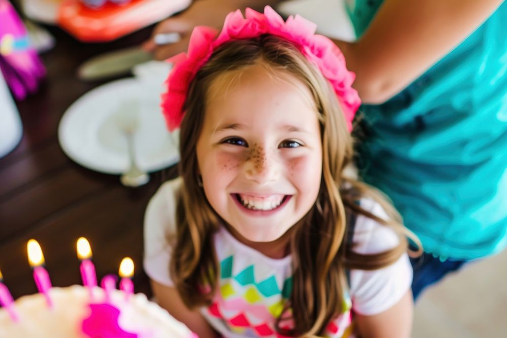 Birthday girl smiling cake portrait dessert.