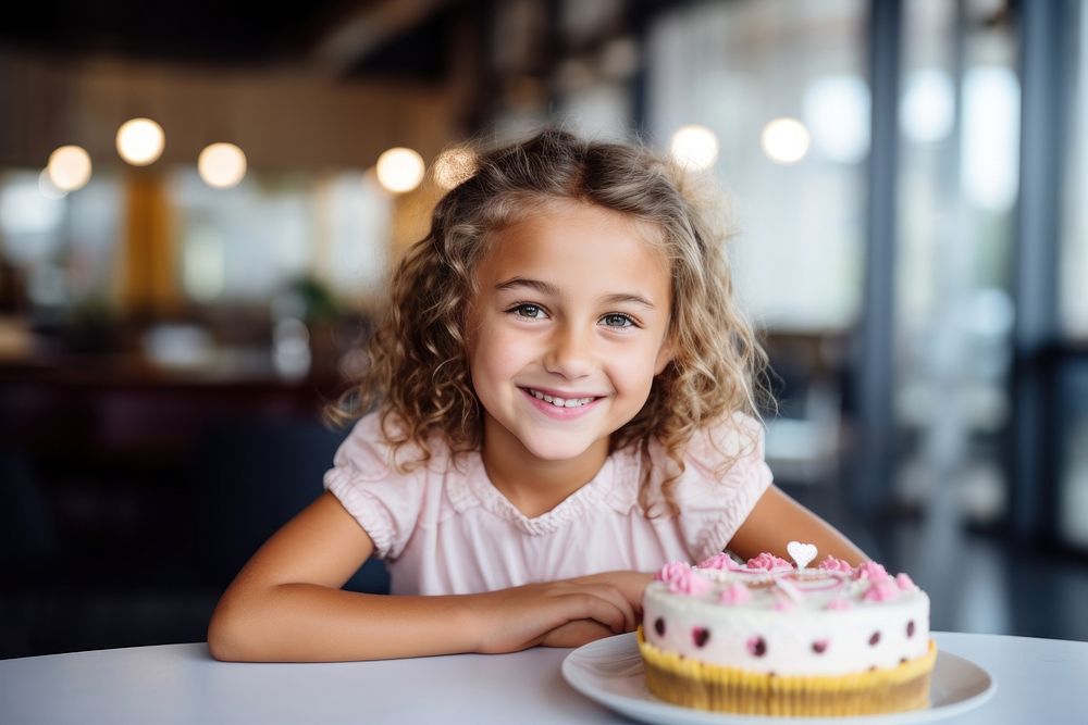 Birthday girl smiling cake portrait dessert.