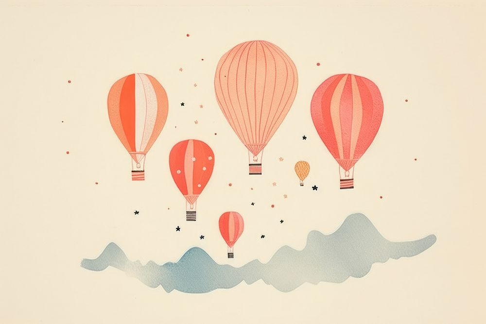 Risograph printing illustration minimal simple clean of hot air balloons aircraft vehicle transportation.