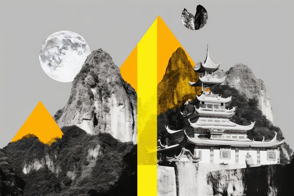 Symbolic mixed monochrome collage thai traditional graphic element representing of mountain outdoors nature moon.
