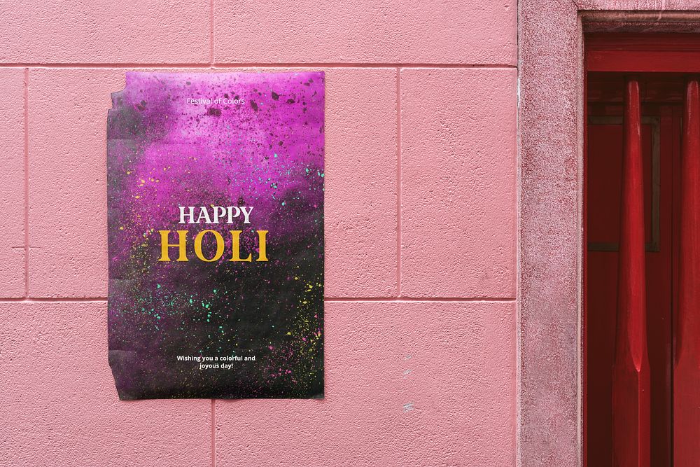 Holi festival ad poster on pink wall