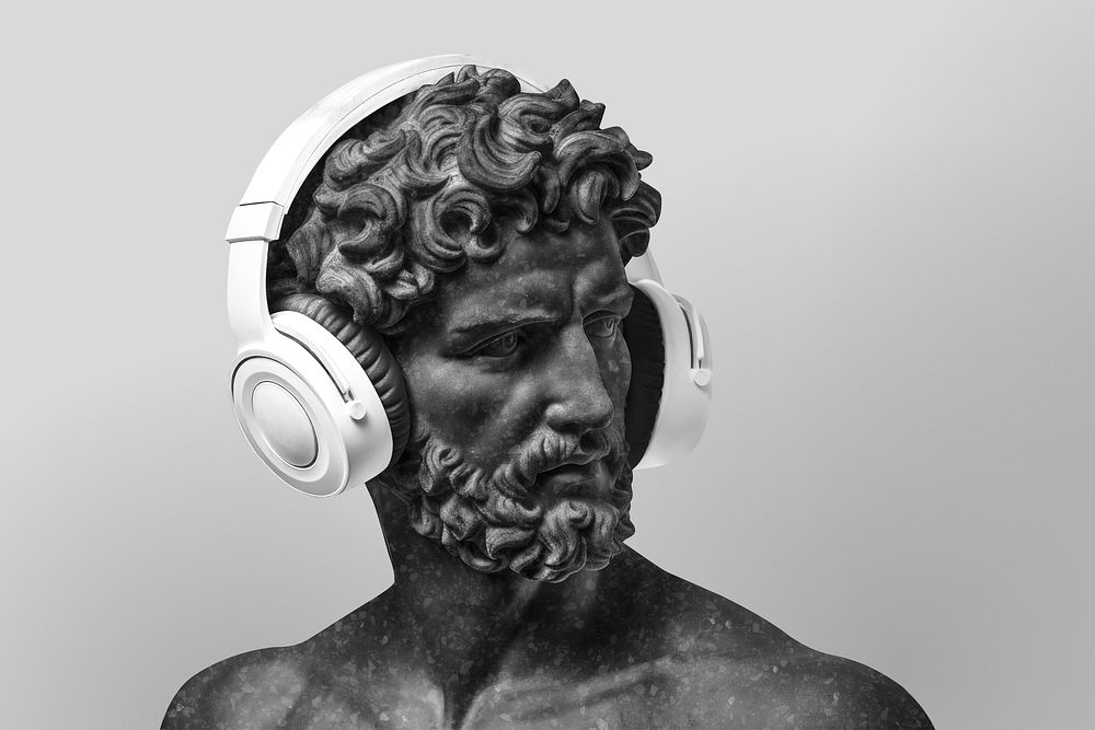 Black sculpture with white headphones