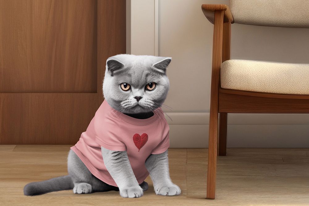 British shorthair cat in pink t-shirt