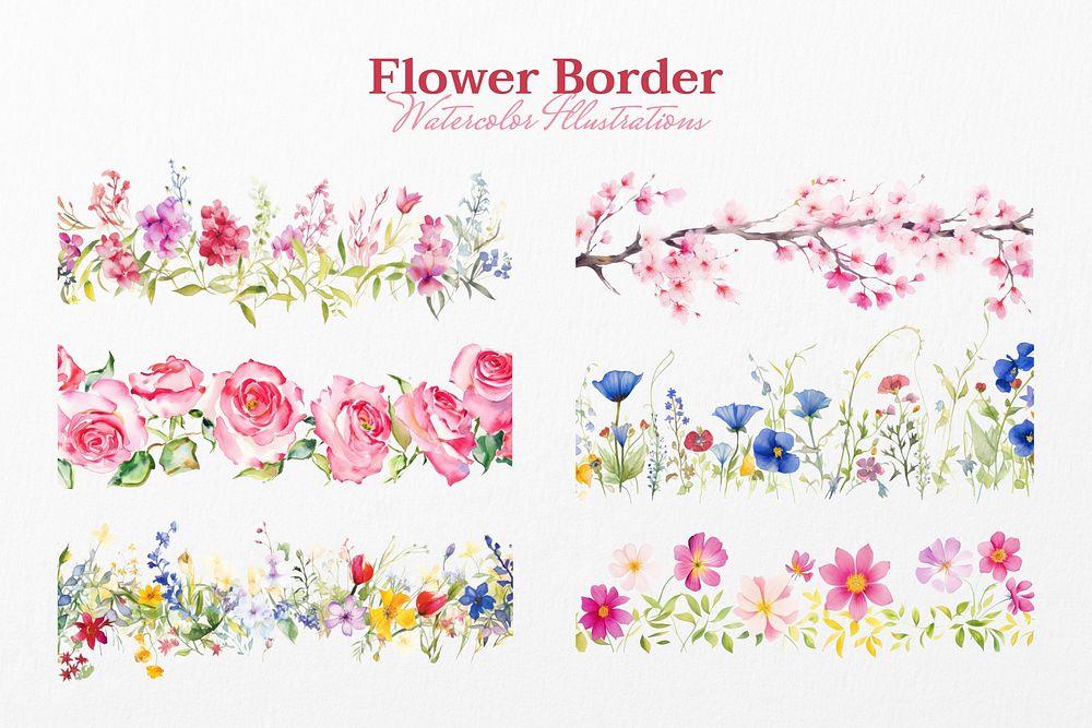 Flower border watercolor illustration set