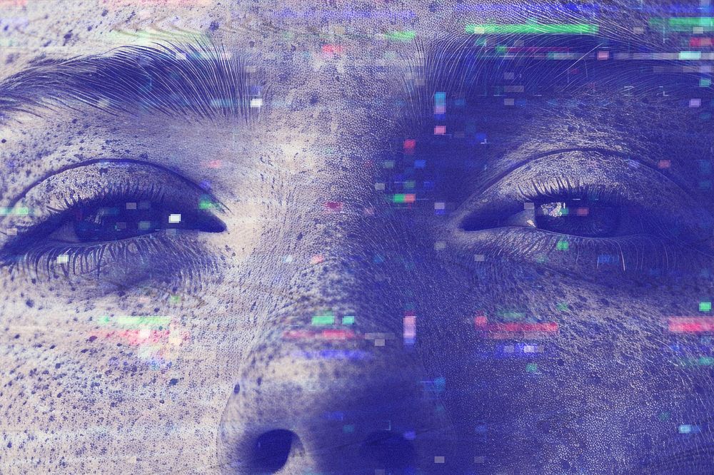 Woman closeup face, blue glitch effect