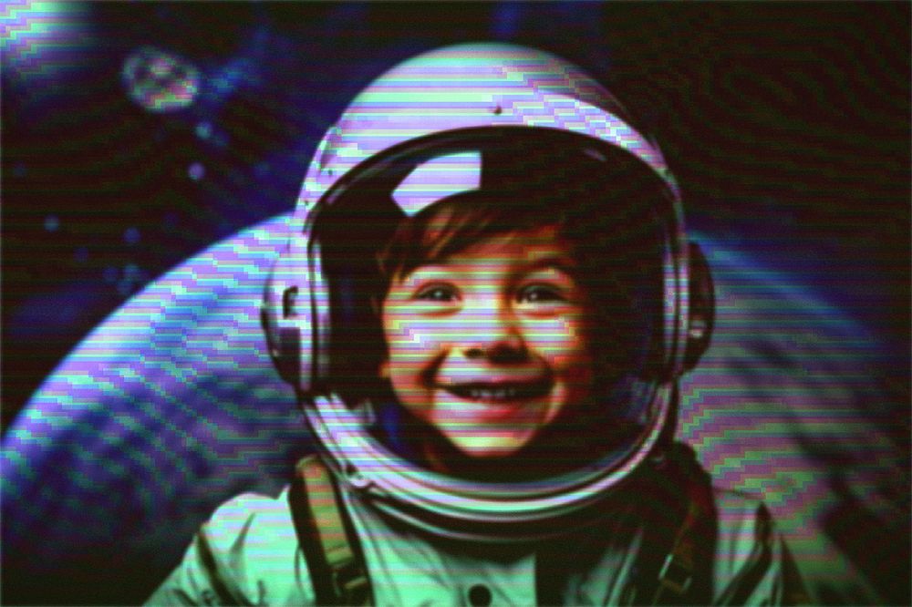 Young boy in astronaut space suit, TV VHS glitch effect illustration