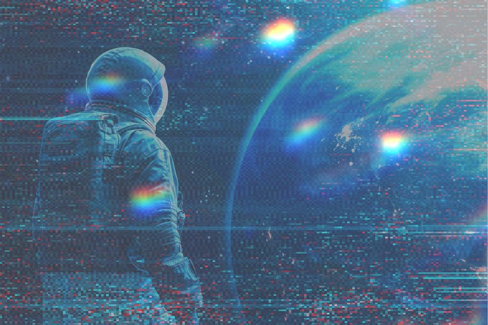 Astronomy in outer space, glitch light effect illustration