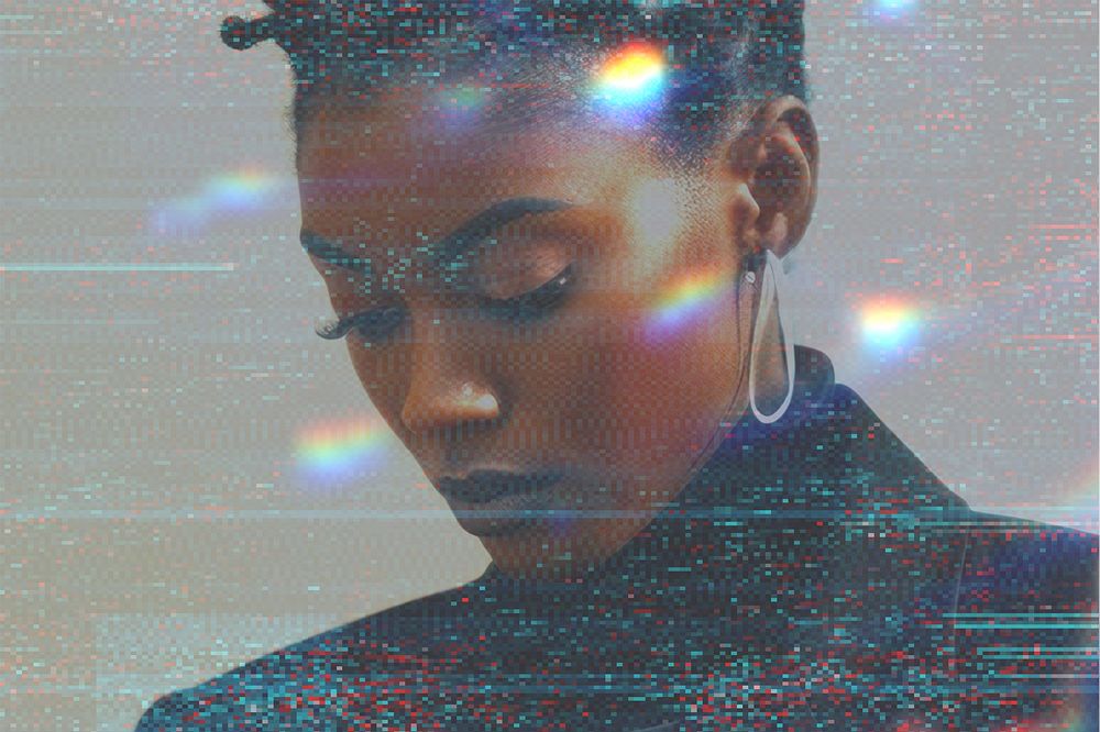 African American woman portrait, glitch light effect illustration