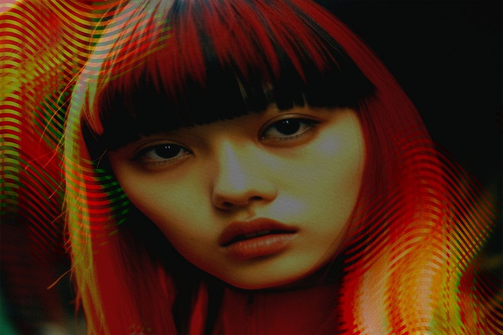 Asian woman portrait, distorted glitch effect illustration