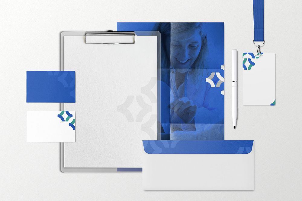 Blue & off-white corporate identity flat lay design