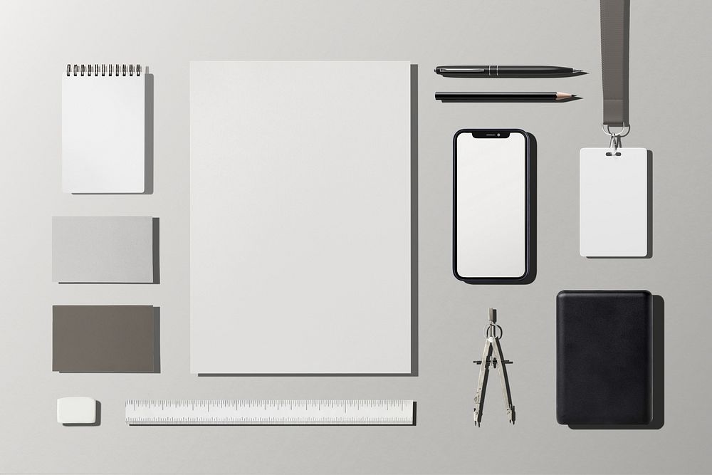 Black and white corporate identity flat lay design