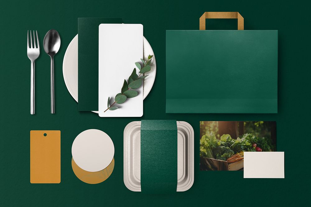 Green food business branding set flat lay design