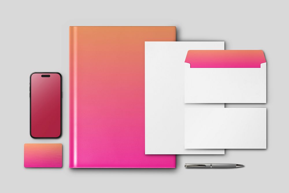 Gradient pink business corporate identity flat lay design