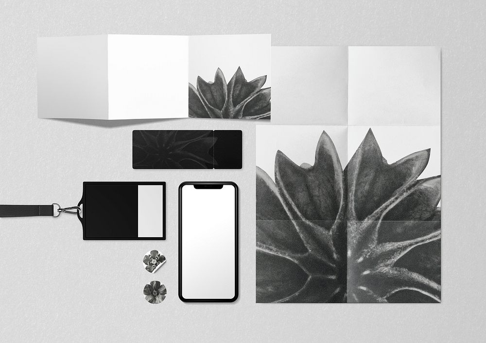 Black and white corporate identity flat lay design
