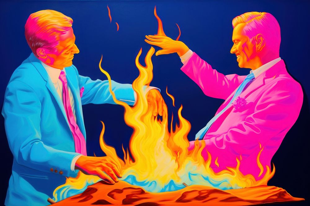 2 business men shakehand and fire on him body yellow adult creativity.