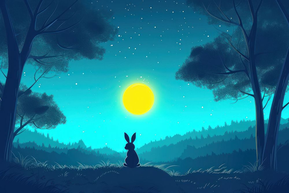 Rabbit sitting on the hills looking at big yellow moon night landscape outdoors.